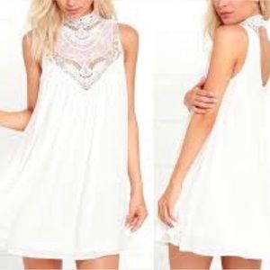 BOHO bohemian wedding gypsy flowy high neck lace accent short sleeveless dress